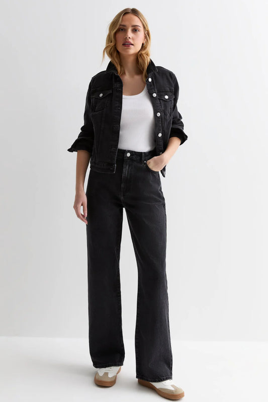 Black  Denim Jacket & Wide-Leg Jeans Set